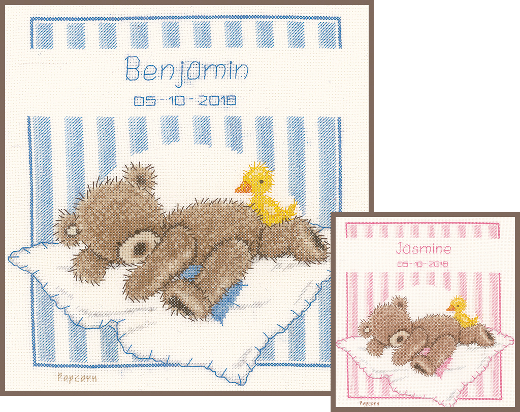 Vervaco POPCORN BEAR & SOUFFLE DUCK Birth Record Counted Cross Stitch ...