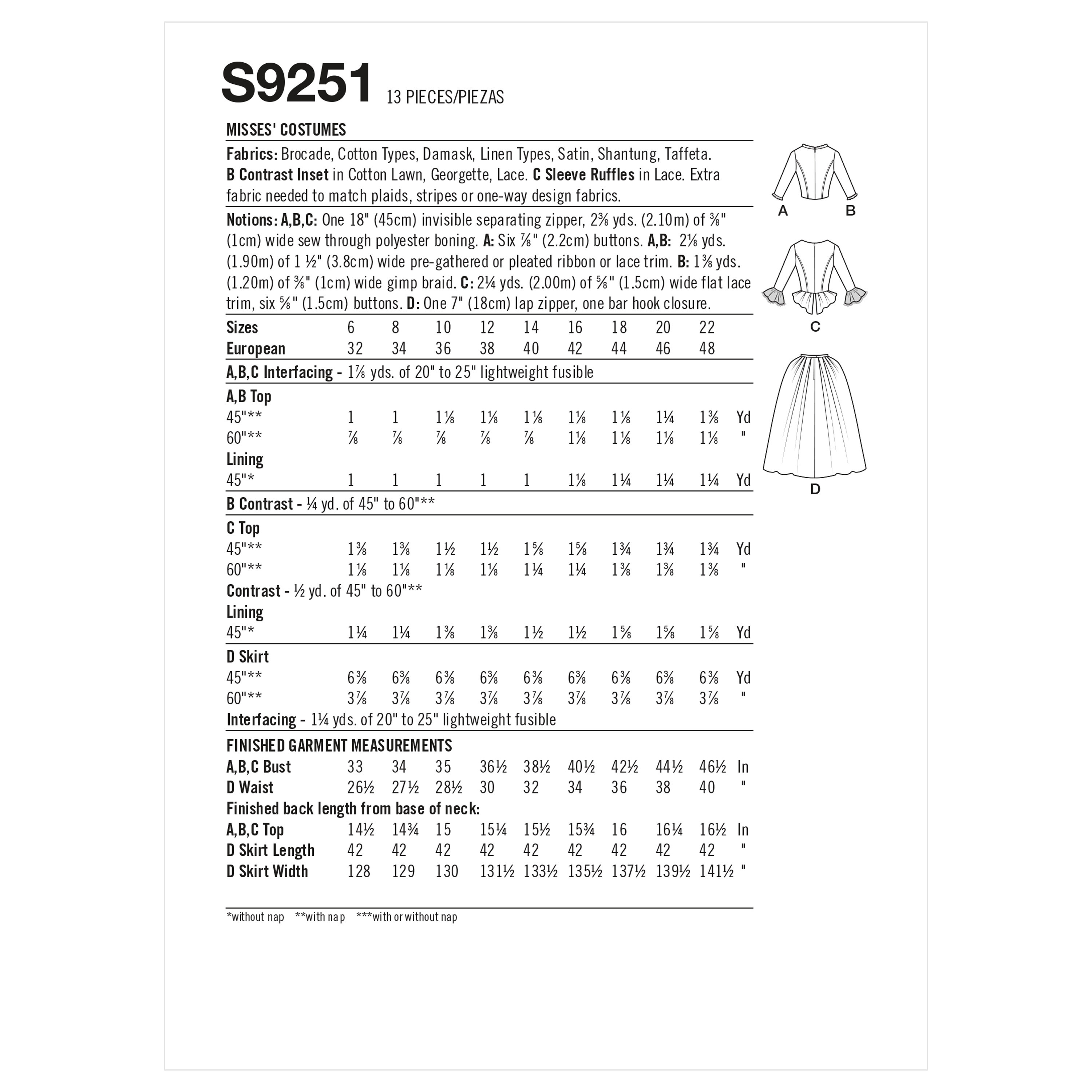 Simplicity Sewing Pattern S9251 Costumes —  - Sewing Supplies