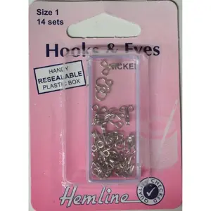 Hemline Rustproof Brass Hooks & Eyes, Nickle, Size 1, 14 Sets, Silver Colour, Re-Usable Box