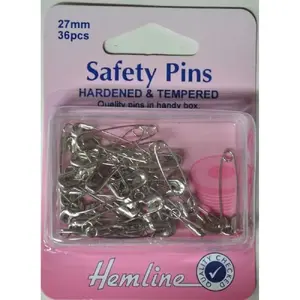 Safety Pins, Hardened & Tempered, 27mm, 36 Pieces, Re-Usable Box