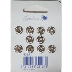 Sew-In 11mm Metal Snap Fasteners, Nickle Colour, 10 Sets