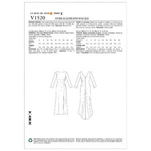 Vogue Sewing Pattern Misses' Side-Gathered, Long Sleeve Dress with Beaded CuFF (Sizes 16-22)s 1520 A5 (Sizes 6-14)