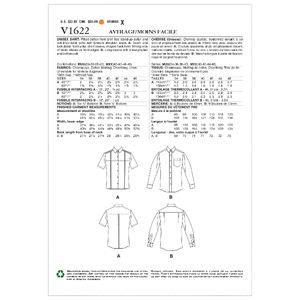 Vogue Sewing Pattern Unisex Shirt 1622MUU (Sizes 34-40)