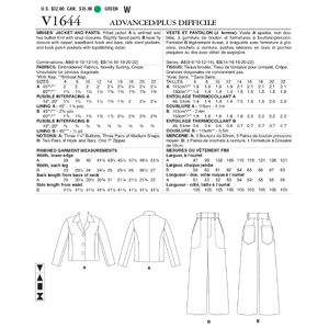 Vogue Sewing Pattern Misses' Jacket and Pants 1644 A5 (Sizes 6-14)