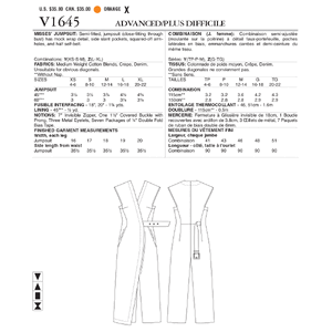 Vogue Sewing Pattern Misses' Jumpsuit 1645y (Sizes XS-S-M)