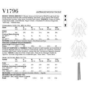 Vogue Sewing Pattern Misses' Dress & Belt 1796y (Sizes XS-S-M)