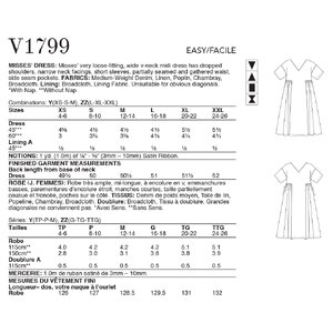 Vogue Sewing Pattern Misses' Dress 1799y (Sizes XS-S-M)