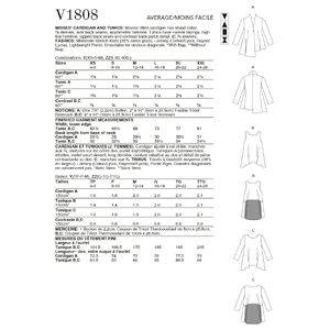 Vogue Sewing Pattern Misses' Cardigan & Tunics 1808y (Sizes XS-S-M)