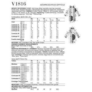 Vogue Sewing Pattern Misses' Reversible Coat 1816A