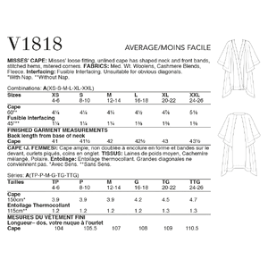 Vogue Sewing Pattern Misses' Cape 1818A