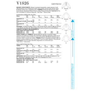 Vogue Sewing Pattern Misses' Sweatshirts 1826A