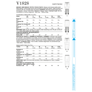 Vogue Sewing Pattern Misses' and Misses' Petite Track Pants 1828A