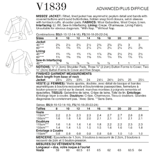 Vogue Sewing Pattern - Misses' Jacket 1839B5