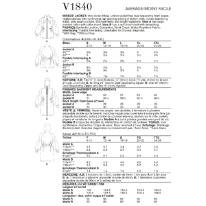 Vogue Sewing Pattern Misses' Jacket 1840A