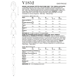 Vogue Sewing Pattern Misses' and Misses' Petite Wrap Robe, Belt, Top, Dress and Pants 1852A
