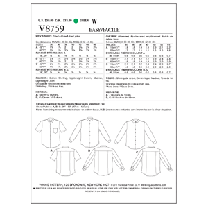 Vogue Sewing Pattern Men's Shirt 8759MUU (Sizes 34-40)