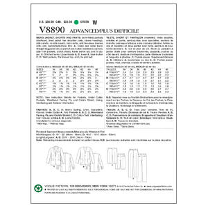 Vogue Sewing Pattern Men's Jacket, Shorts, and Pants 8890MUU (Sizes 34-40)