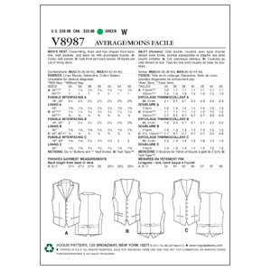 Vogue Sewing Pattern Men's Vest 8987MUU (Sizes 34-40)