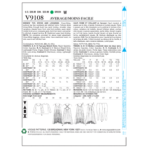 Vogue Sewing Pattern Misses' Top, Dress and Leggings 9108y (Sizes XS-S-M)