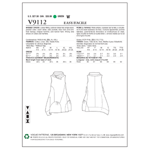 Vogue Sewing Pattern Misses' Dress 9112y (Sizes XS-S-M)