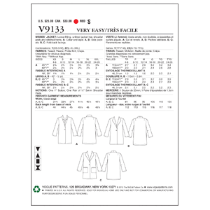 Vogue Sewing Pattern Misses' Jacket 9133y (Sizes XS-S-M)