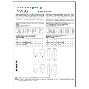 Vogue Sewing Pattern - Misses' Sleeveless or Dolman Sleeve Tunics, and Pants with Yoke 9193B5