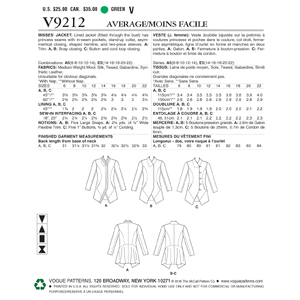 Vogue Sewing Pattern Misses' Seamed and Collared Jackets 9212 A5 (Sizes 6-14)