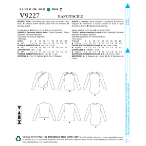 Vogue Sewing Pattern Misses' Button-Detail Tops 9227E5 (Sizes 14-22)