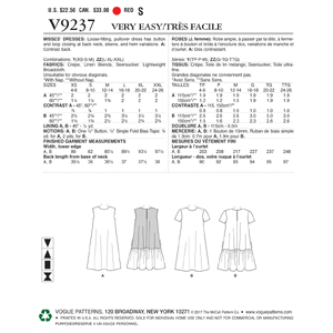 Vogue Sewing Pattern Misses' A-Line, Back-RuFF (Sizes 16-22)le Dresses 9237y (Sizes XS-S-M)