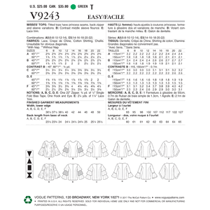 Vogue Sewing Pattern Misses' Princess Seam Tops with Flared Sleeve Variations 9243 A5 (Sizes 6-14)