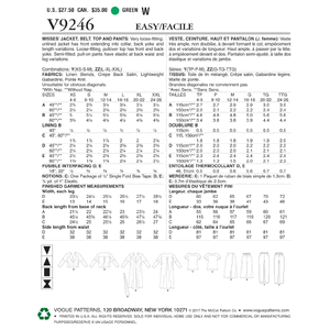 Vogue Sewing Pattern Misses' Drop-Shoulder Jackets, Belt, Top with Yokes, and Pull-On Pants 9246y (Sizes XS-S-M)