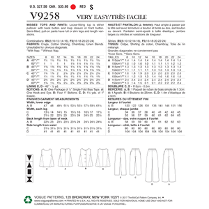 Vogue Sewing Pattern - Misses' Sleeveless Tops with Pull-On Pants 9258B5