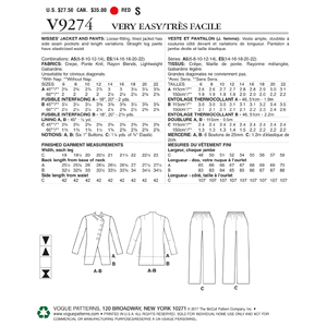 Vogue Sewing Pattern Misses' Asymmetrical Lined Jacket, and Pull-On Pants 9274 A5 (Sizes 6-14)