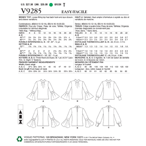 Vogue Sewing Pattern Misses' Top with Sleeve and CuFF (Sizes 16-22) Variations 9285E5 (Sizes 14-22)