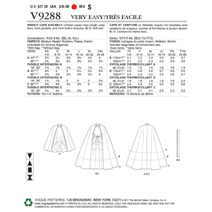 Vogue Sewing Pattern Misses' Cape with Stand Collar, Pockets, and Belt 9288ZZ (Sizes L-XL-XXL)