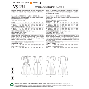 Vogue Sewing Pattern Misses' Dress 9294 A5 (Sizes 6-14) 