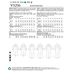 Vogue Sewing Pattern Misses' Dress 9296 A5 (Sizes 6-14)