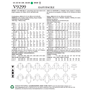 Vogue Sewing Pattern Misses' Top and Belt 9299 A5 (Sizes 6-14)