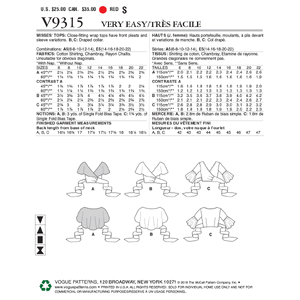 Vogue Sewing Pattern Misses' Top 9315 A5 (Sizes 6-14)