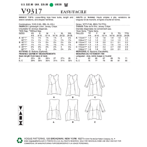 Vogue Sewing Pattern Misses' Top 9317y (Sizes XS-S-M)