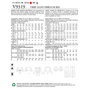 Vogue Sewing Pattern Misses' Top, Shorts and Pants 9319 A5 (Sizes 6-14)