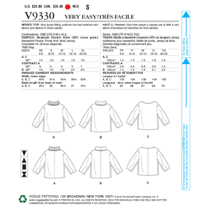 Vogue Sewing Pattern Misses' Top 9330OSZ