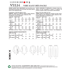 Vogue Sewing Pattern Misses' Jacket, Belt and Pants 9334y (Sizes XS-S-M)