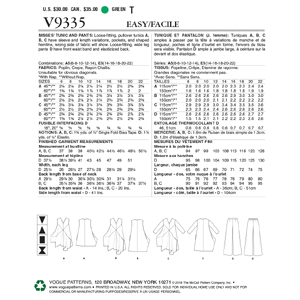 Vogue Sewing Pattern Misses' Tunic and Pants 9335 A5 (Sizes 6-14)