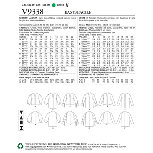 Vogue Sewing Pattern Misses' Jacket 9338 A5 (Sizes 6-14)