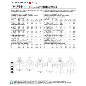 Vogue Sewing Pattern Misses' Coat 9340y (Sizes XS-S-M)