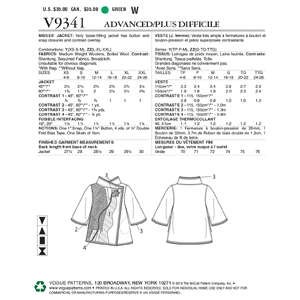 Vogue Sewing Pattern Misses' Jacket 9341ZZ (Sizes L-XL-XXL)