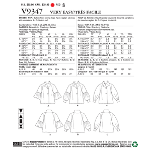 Vogue Sewing Pattern Misses' Top 9347y (Sizes XS-S-M)