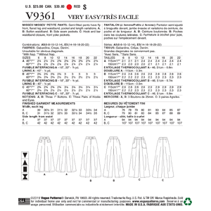 Vogue Sewing Pattern Misses'/Misses' Petite Pants 9361 A5 (Sizes 6-14)