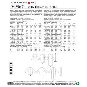 Vogue Sewing Pattern Misses' Coat and Belt 9367y (Sizes XS-S-M)